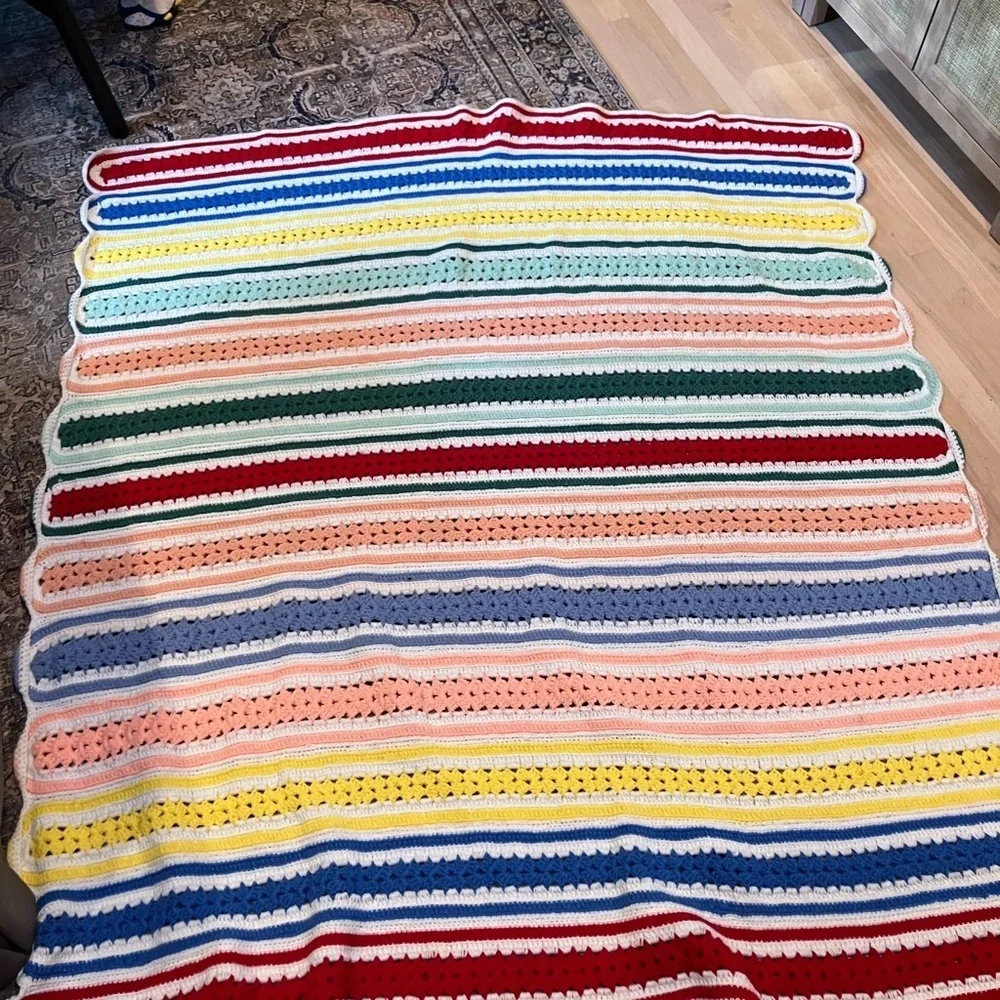 Vintage Handmade Crochet Throw Multicolor Stripe Pattern Scalloped Border